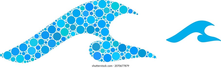 Collage vectorial del tsunami de puntos redondos en diferentes tamaños y sombras de color. Los puntos de círculo se combinan en la ilustración del vector del tsunami. Ilustración del vector abstracto.