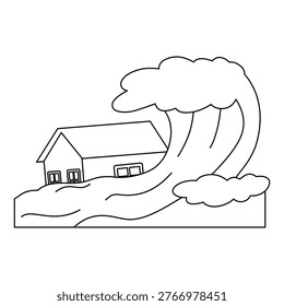 Tsunami vector illustration, tsunami icon, line art coloring page, tsunami wave hitting house disaster line icon, natural disaster line drawing vector illustration, isolated on white background