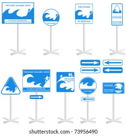 TSUNAMI Vector Pole sign Set: -  isolated on white. Gives you information about the possible danger. Ready to print