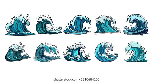 Diseño gráfico de la colección de conjuntos de vectores de tsunami