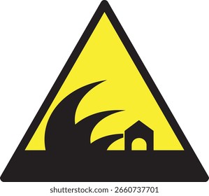 Ilustración vectorial de señal de advertencia de tsunami. silueta de icono de ola y casa. 