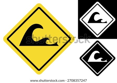 Tsunami warning sign vector illustration, a crucial symbol indicating potential danger from large ocean waves or coastal flooding. This graphic represents a hazard alert for natural disasters