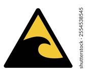 Tsunami warning sign. Yellow triangle sign with tsunami wave. Beware of big waves. Risk of drowning. Vector