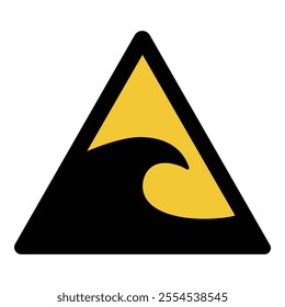 Tsunami warning sign. Yellow triangle sign with tsunami wave. Beware of big waves. Risk of drowning. Vector