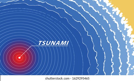 Tsunami warning wave signal sea top view. earthquake vector illustration.