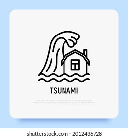 Tsunami wave above house thin line icon. Ocean wave. Natural disaster, catastrophe. Vector illustration