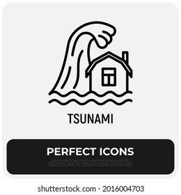 Ola de tsunami sobre el icono de la delgada línea de la casa. Ola oceánica. Desastre natural, catástrofe. Ilustración del vector