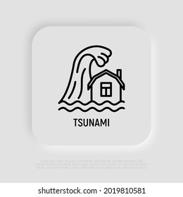 Ola de tsunami sobre el icono de la delgada línea de la casa. Ola oceánica. Desastre natural, catástrofe. Ilustración del vector
