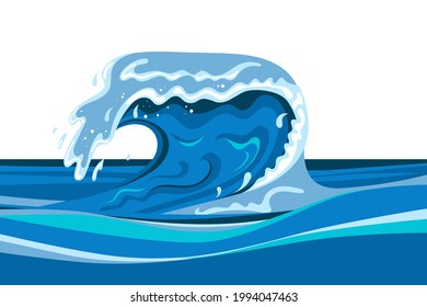 Tsunami wave background in flat cartoon style. Big blue tropical water splash with white foam. Vector illustration
