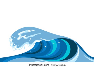 Tsunami wave background in flat cartoon style. Big blue tropical water splash with white foam. Vector illustration