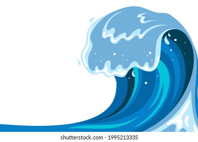 Fondo de la ola de Tsumani al estilo de las caricaturas planas. El agua tropical azul se salpicará de espuma blanca. Ilustración del vector