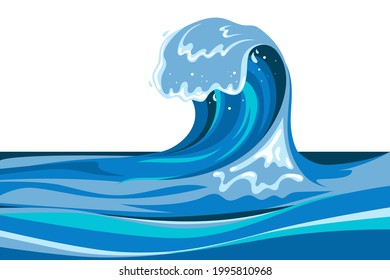 Tsunami wave background in flat cartoon style. Big blue tropical water splash with white foam. Vector illustration