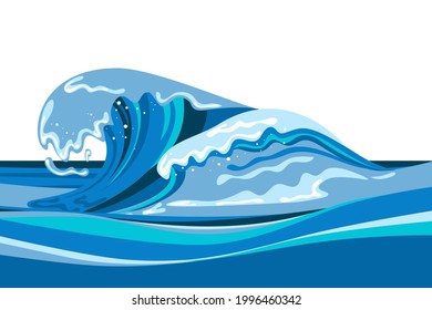 Tsunami wave background in flat cartoon style. Big blue tropical water splash with white foam. Vector illustration