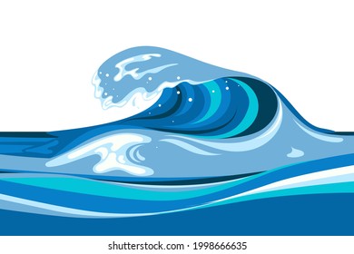 Tsunami wave background in flat cartoon style. Big blue tropical water splash with white foam. Vector illustration