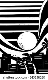 Tsunami wave. Black on white illustration
