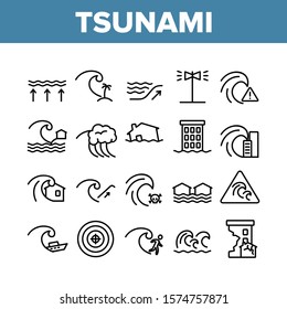 Tsunami Wave Collection Elements Icons Set Vector Thin Line. Broken House And Flooded Building, Boat And Human Silhouette Near Tsunami Concept Linear Pictograms. Monochrome Contour Illustrations