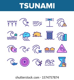 Tsunami Wave Collection Elements Icons Set Vector Thin Line. Broken House And Flooded Building, Boat And Human Silhouette Near Tsunami Concept Linear Pictograms. Color Illustrations
