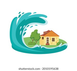 Tsunami wave destroying house, flat vector illustration isolated on white background. Cartoon colorful symbol or icon of tsunami natural destructive disaster.