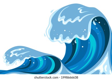 Tsunami wave in flat cartoon style. Big blue tropical water splash with white foam. Vector illustration isolated in white background