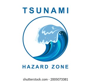 Ola de tsunami al estilo de las caricaturas planas. Signo de zona de peligro. Espuma marina blanca. Ilustración del vector