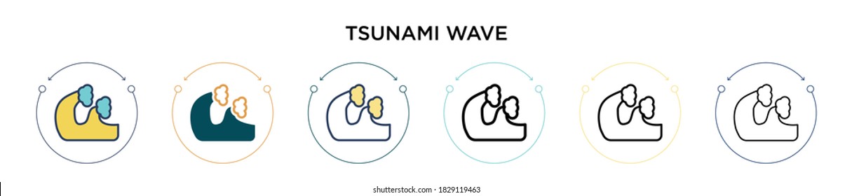 Icono de la ola de tsunami en estilo relleno, delgado, contorno y trazo. Ilustración vectorial de dos iconos vectores de ondas de tsunami de color y negro se puede utilizar para móviles, ui, web