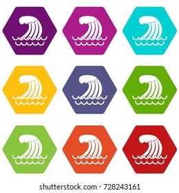 Tsunami wave icon set many color hexahedron isolated on white vector illustration