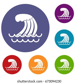 Tsunami wave icons set in flat circle reb, blue and green color for web