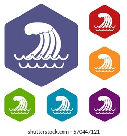 Tsunami wave icons set rhombus in different colors isolated on white background