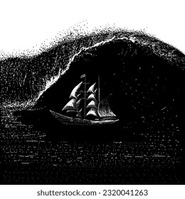 Tsunami-Welle auf dem Schiff, handgezeichnet Vektorgrafik einzeln auf weißem Hintergrund.