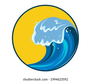 Tsunami wave sign in flat cartoon style. Big blue tropical water splash with white foam. Vector illustration isolated in white background