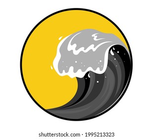 Tsumani Wellenschild im flachen Cartoon-Stil. Grossblauer tropischer Wassersplash mit weißem Schaum. Vektorgrafik einzeln auf weißem Hintergrund