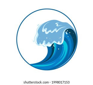 Tsunami wave sign in flat cartoon style. Big blue tropical water splash with white foam. Vector illustration isolated in white background