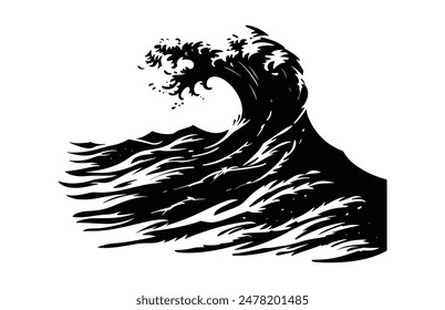 Tsunami Wave Silhouette Vector isolated on a white background, Tidal Sea Wave black Clipart