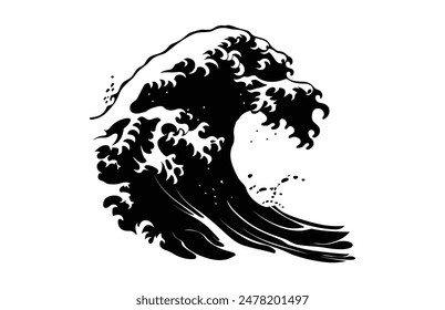 Tsunami Wave Silhouette Vector isolated on a white background, Tidal Sea Wave black Clipart