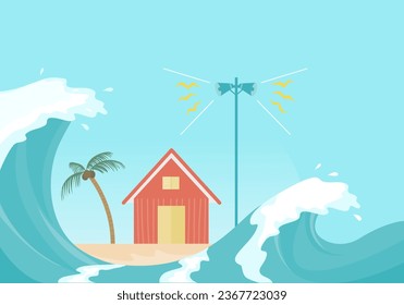 Tsunami wave and Tsunami siren warning loudspeakers on the beach, flat vector illustration. 