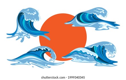Tsunami waves set in flat cartoon style. Big blue tropical water splashes with white foam. Vector illustration isolated in white background