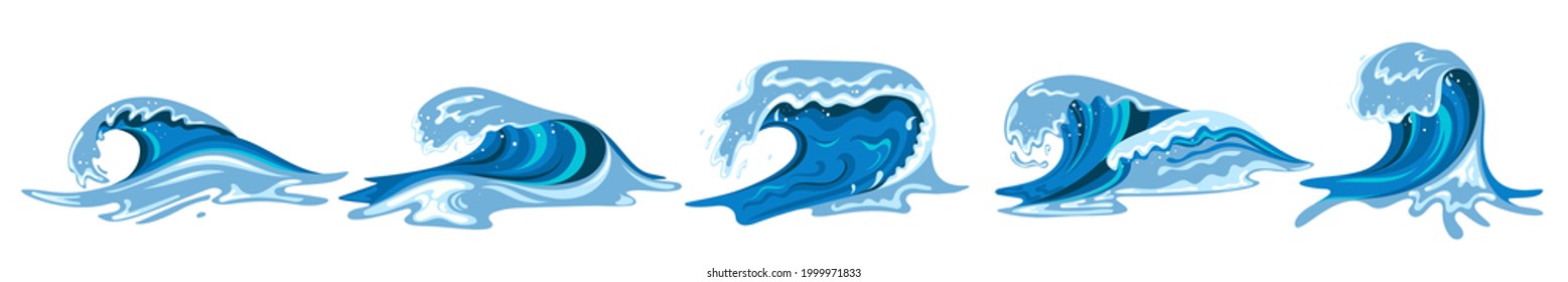 Tsunami waves set in flat cartoon style. Big blue tropical water splashes with white foam. Vector illustration isolated in white background