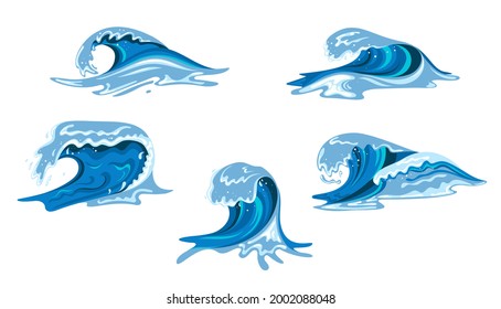 Tsunami waves set in flat cartoon style. Big blue tropical water splashes with white foam. Vector illustration isolated in white background
