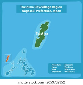 Tsushima City Village Region Nagasaki Prefecture Map, Japan
