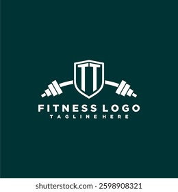 TT initial monogram for fitnes or gym logo with creative shield and barbell design