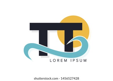 TT letter logo with ocean waves and sunset. Beach concept design