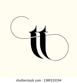 TT logo monogram.Typographic icon with double letter t. Lowercase lettering with decorative swirl. Alphabet initials sign isolated on light background. Modern, clean, luxury style.