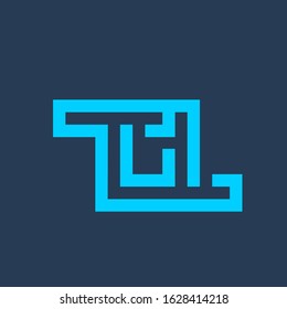 TT monogram logo. Geometric style typographic icon.Company lettering sign.Neon blue alphabet initials isolated on dark background.Abstract letter t.Modern design, web, corporate characters shape.