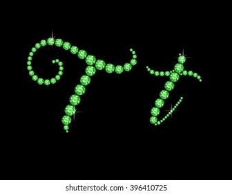 Tt in stunning Peridot Script precious round jewels, isolated on black. Vector EPS-10 file, transparency used. 