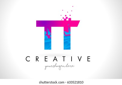 TT T Letter Logo with Broken Shattered Blue Pink Triangles Texture Design Vector Illustration.
