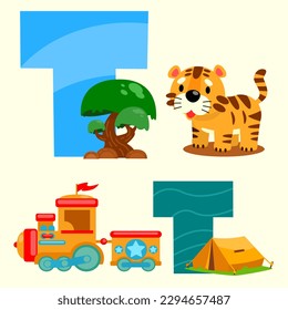 Tt tree tiger train tent vector grapic cartoon