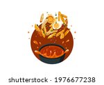 Tteok Bokki recipe. South Korean street food. Fried garae-tteok or rice cakes with sauce and eggs. Food jump up from a bowl that looks authentic and yummy. Asian food drawing vector illustration.