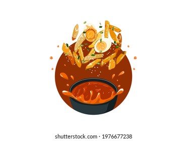 Tteok Bokki recipe. South Korean street food. Fried garae-tteok or rice cakes with sauce and eggs. Food jump up from a bowl that looks authentic and yummy. Asian food drawing vector illustration.