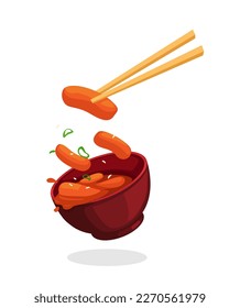 Tteokbokki bowl and chopstick korean street food symbol cartoon illustration vector