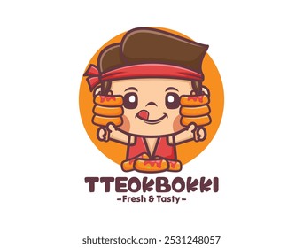 tteokbokki chef cartoon mascot design, vector illustration in outline style.